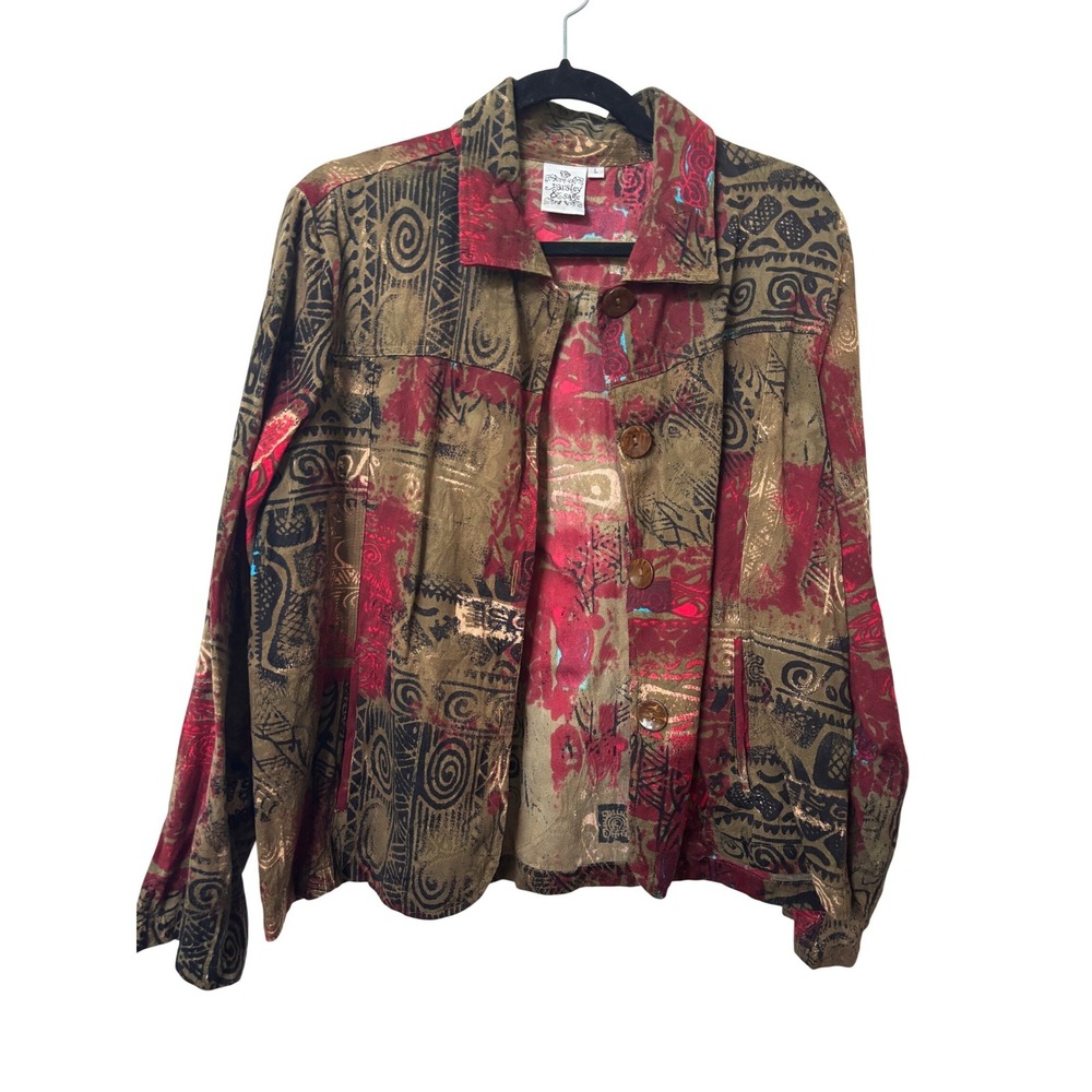 Parsley & Sage Women Large Cotton Tribal Print Metallic Gold Art to Wear Jacket